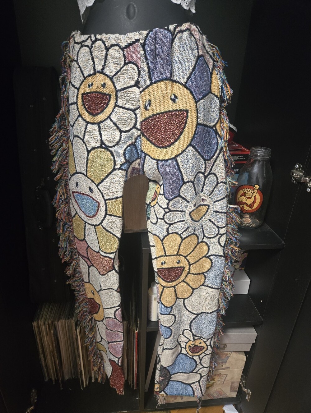 Custom Woven Tapestry Blanket Pants Murakami Smiling Flower Fringe Trim